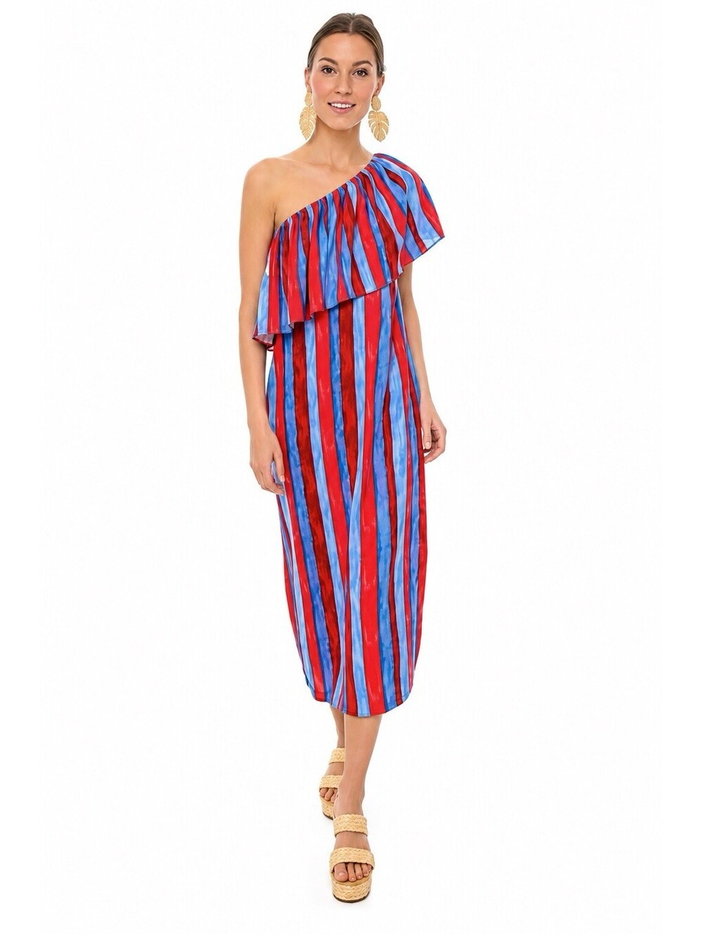 Pomander Place Tuckernuck Painterly Stripe Florencia One Shoulder Midi Dress